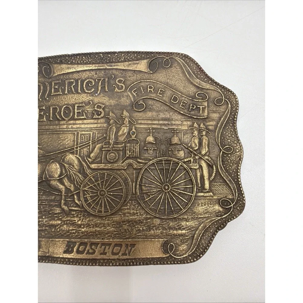 Vintage Brass Belt Buckle American Heroes Fire Department Boston